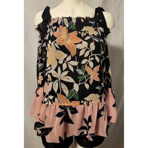 Loft Size Medium Floral Blouse Black & Pink Tie Straps 3/4 Sleeves NWT